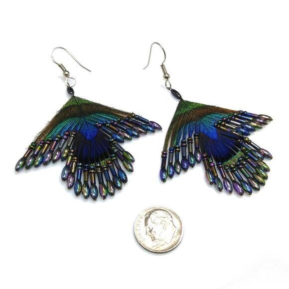 Handmade Peacock Feather Iridescent Glass Seed Beaded Earrings, 3 1/4 Inches - Picture 2 of 7